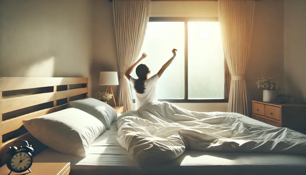 A bright and cozy morning scene with sunlight filtering through the window. A well-rested person stretches in bed, radiating energy and vitality after a full night's sleep.