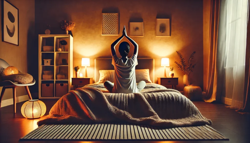 A person meditating in a calm and cozy bedroom before bedtime. The atmosphere is peaceful with warm lighting, soft blankets, and a sense of relaxation, representing healthy sleep habits and techniques for improved sleep quality.