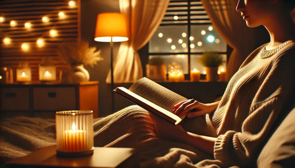 A calming evening scene with a person reading a book in a softly lit room. The warm ambiance and relaxed posture emphasize a soothing bedtime routine.