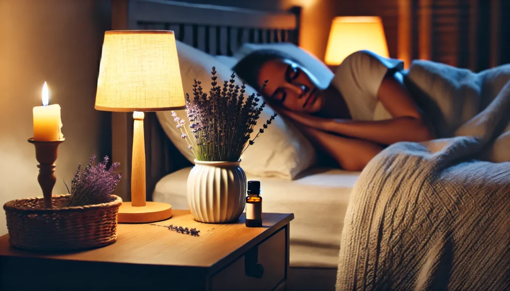 A cozy bedroom at night with a person peacefully sleeping, surrounded by a calming lavender-infused environment. A bedside table with a lavender essential oil bottle and a softly glowing lamp enhances the ambiance.