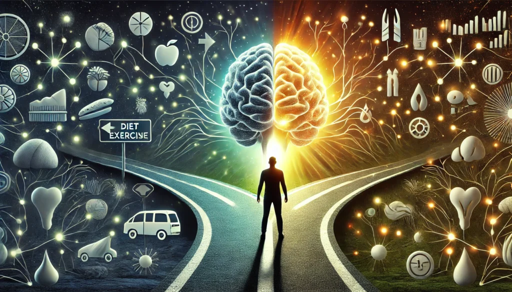 An artistic visualization of lifestyle choices impacting dementia risk. ALT text: "A person at a fork in the road, choosing between a healthy brain path and cognitive decline, symbolizing dementia prevention strategies