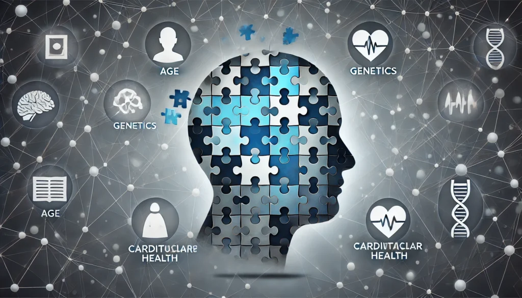 A symbolic representation of dementia risk factors. ALT text: "Human head silhouette with puzzle pieces, some missing or fading, representing memory loss and dementia risk factors like age, genetics, and lifestyle