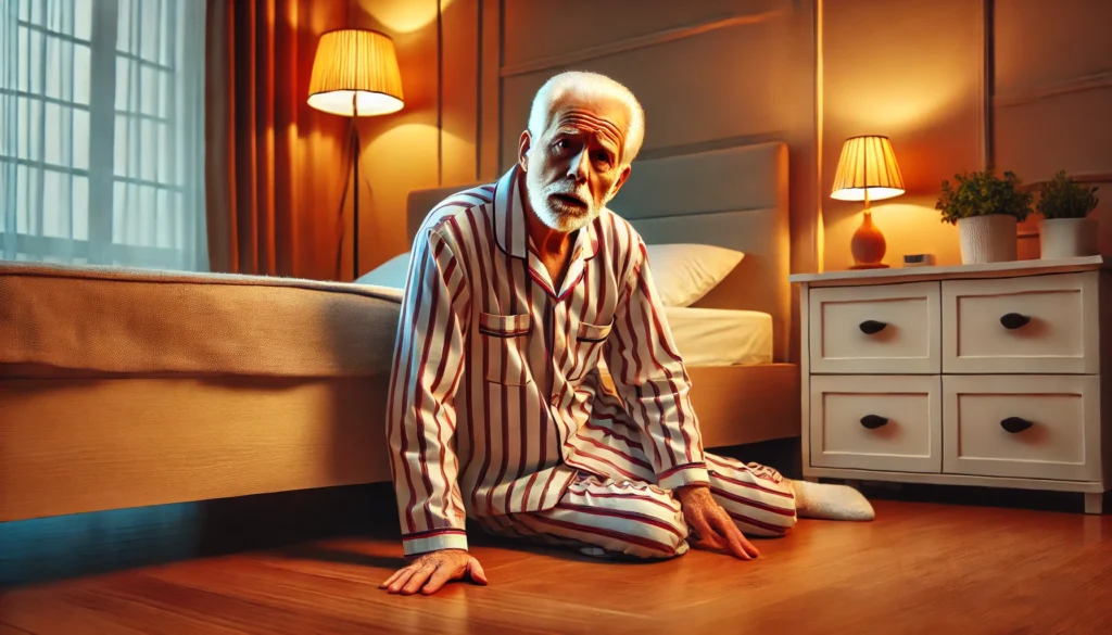 An elderly man lying on the floor next to a bed, appearing slightly confused.