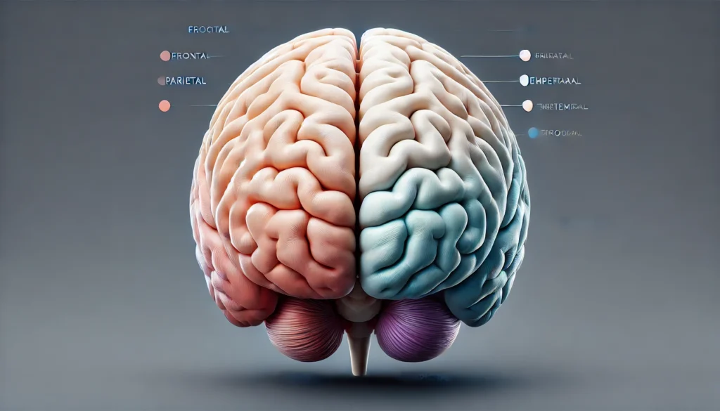 A high-resolution 3D rendering of the human brain, visually distinguishing the four main lobes—frontal, parietal, temporal, and occipital—illustrating their roles in psychology.