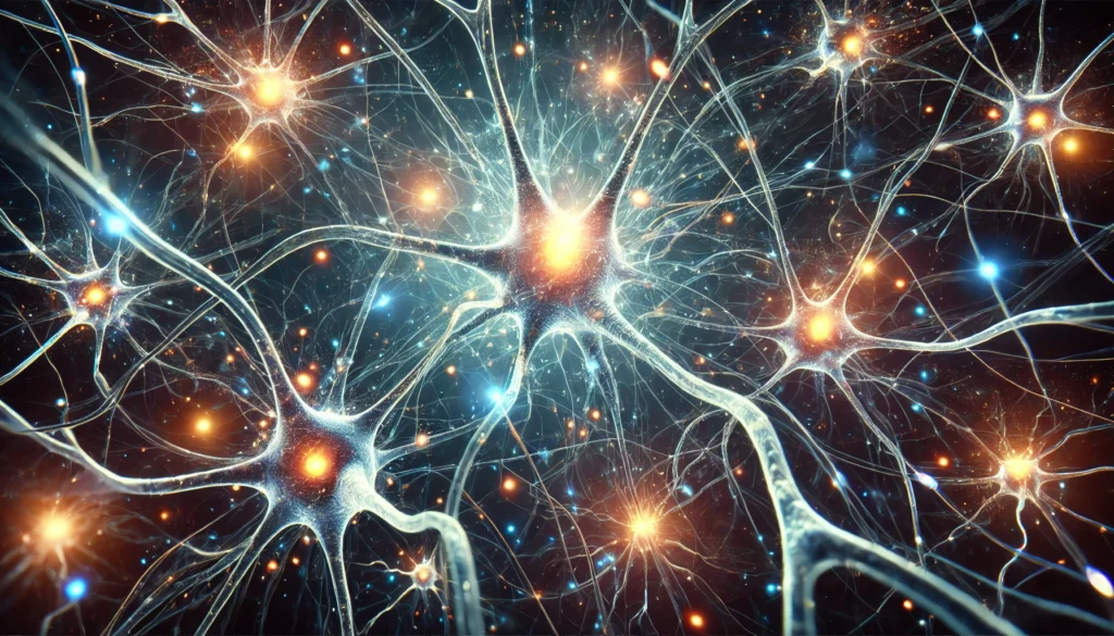 An artistic visualization of neurons and synapses with glowing neurotransmitters, depicting the complexity of neural connections and their role in brain communication