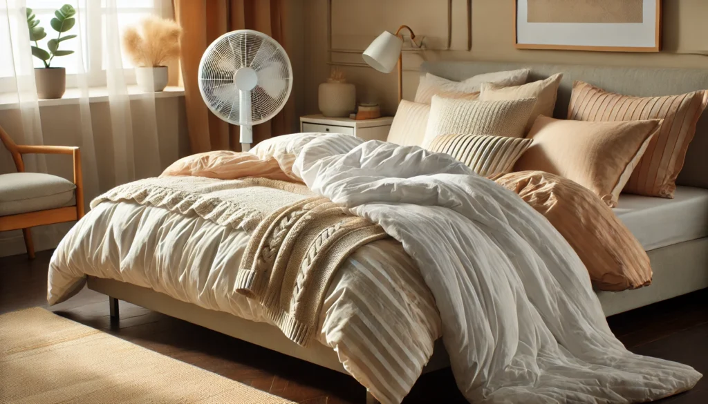 A cozy bedroom featuring layered bedding with soft, breathable sheets and a warm blanket, complemented by a bedside fan for airflow, creating an ideal sleep environment for different temperatures.