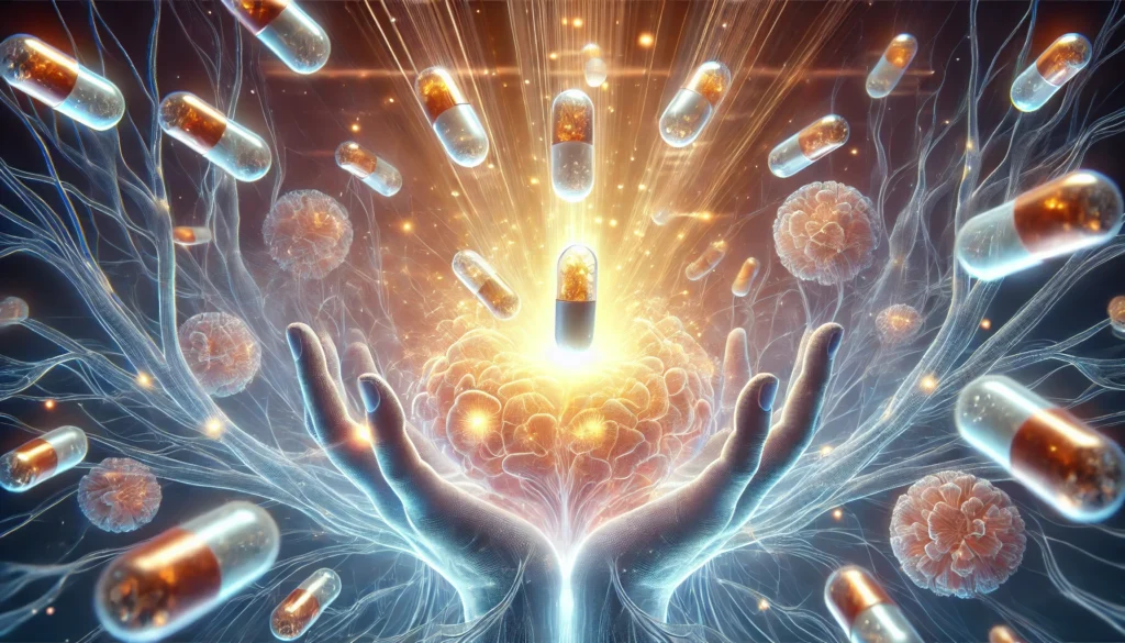 Concept art of serotonin supplements dissolving into glowing neural energy, symbolizing mood enhancement and neurotransmitter activity in a futuristic brain representation.