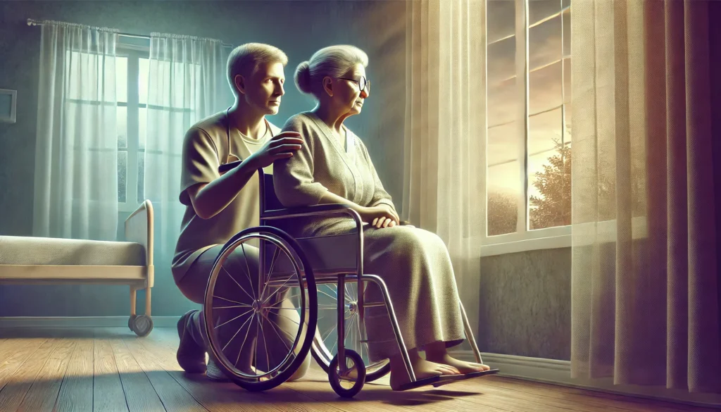 An elderly woman in a wheelchair gazes blankly out of a window, while a caregiver gently holds her hand in a softly lit nursing home. The image reflects the need for assistance and the profound cognitive decline of severe-stage dementia.