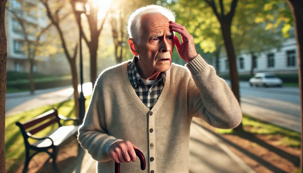 Do dementia patients know they are confused? An elderly man in a park appears lost and unsure of his surroundings.