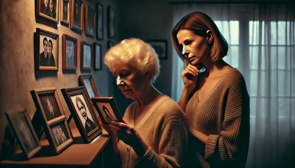 My best friend has dementia and I missed the signs—A middle-aged woman observes as her elderly friend looks confused while holding a family photo, struggling to recognize the faces in a dimly lit living room