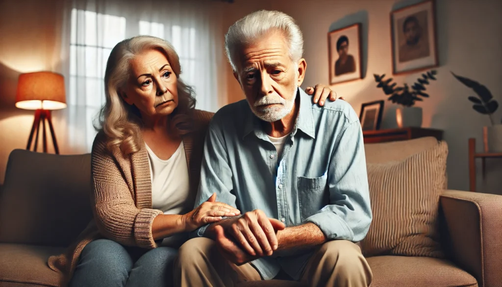 Do dementia patients know they are confused? A caring elderly woman comforts her husband as he looks lost in thought.