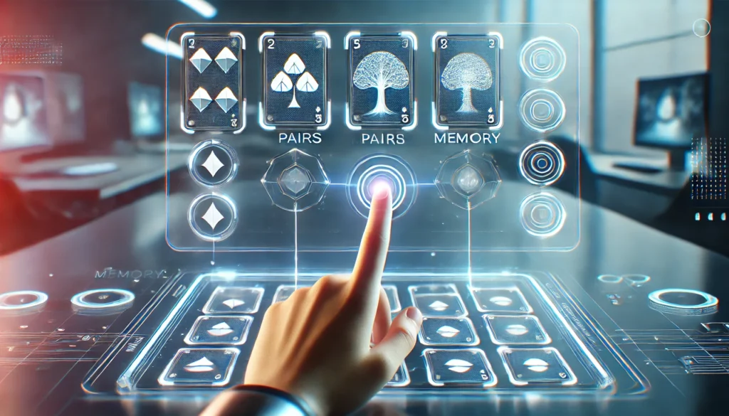 A futuristic holographic display showing a pairs memory game, with players interacting through hand gestures in a high-tech environment