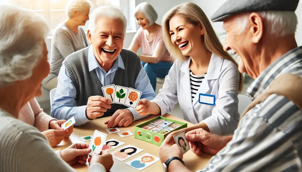 Elderly individuals playing a memory card game in a social setting, highlighting the cognitive benefits of dementia games and puzzles