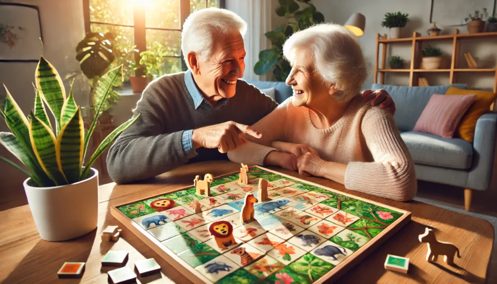 An elderly couple engaged in a memory board game with vibrant animal illustrations on wooden tiles, symbolizing cognitive engagement and bonding in a sunlit, cozy home