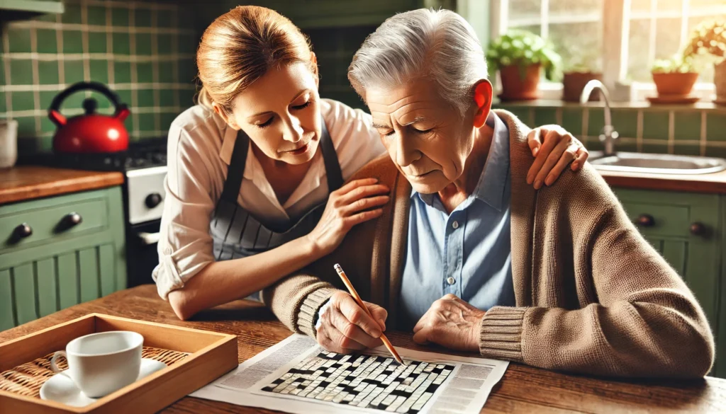 Caregiver assisting an elderly person with a crossword puzzle, showcasing the role of dementia games and puzzles in cognitive function