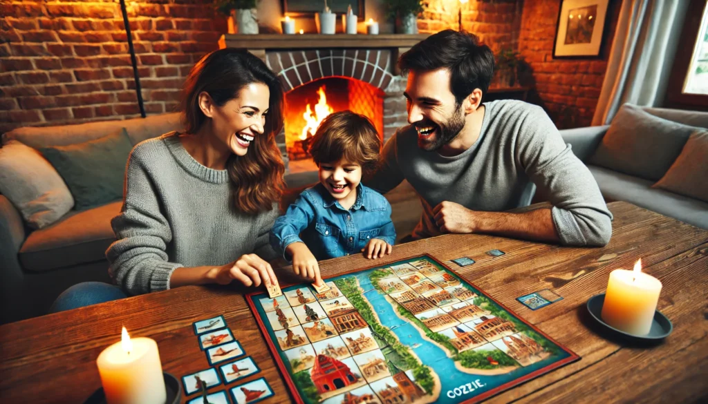 A family of three playing a memory board game featuring famous landmarks, laughing together in a warm home setting with a fireplace in the background