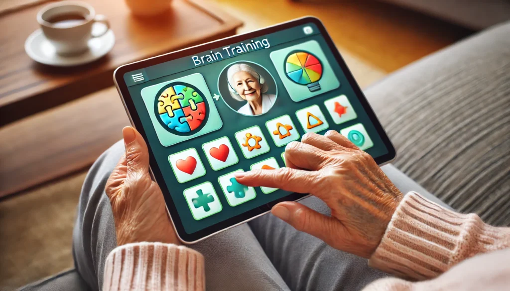 Elderly person using a dementia-friendly brain training app on a tablet, illustrating the impact of digital dementia games and puzzles