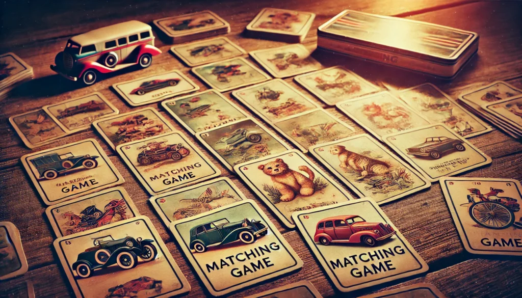 A nostalgic scene featuring vintage matching game cards with retro-style illustrations of animals, vehicles, and classic toys on a warm, antique wooden table.