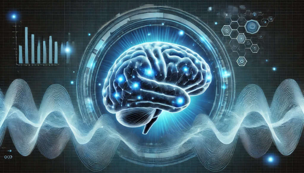 A futuristic digital illustration of a glowing human brain, surrounded by abstract waves symbolizing sleep cycles and cognitive restoration, emphasizing the crucial role of sleep in brain function