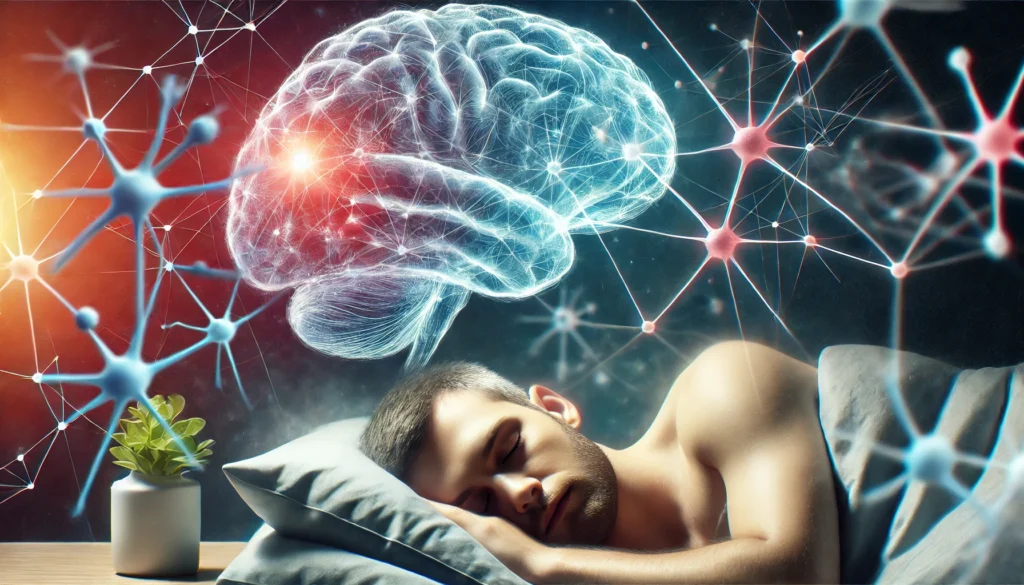 A conceptual image of a sleeping individual with transparent overlays of neurons and brain activity, illustrating how sleep aids memory consolidation and cognitive processing