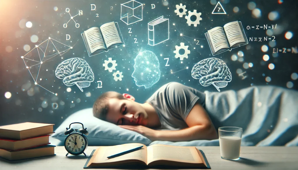 Conceptual image of a person sleeping with floating memory icons, including books, puzzles, and formulas, representing memory processing during sleep