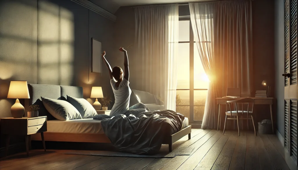 A peaceful bedroom at dawn with natural light filtering in, showing a person waking up refreshed, symbolizing the benefits of sleep consolidation for alertness and well-being