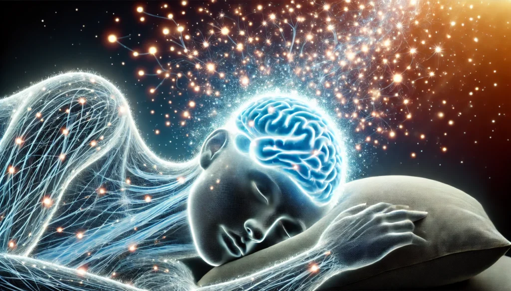 An artistic visualization of the brain's glymphatic system during sleep, showing neural pathways being cleansed of toxins, underscoring the significance of sleep in maintaining cognitive health