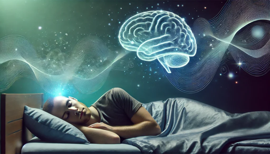 Peaceful bedroom scene with a person sleeping, emitting subtle glowing waves from their brain, symbolizing deep sleep and memory enhancement