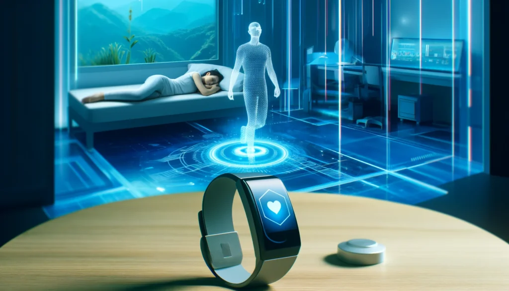 A futuristic concept of sleep technology, featuring a smart sleep tracker monitoring a person's sleep cycle. The modern and calming environment symbolizes advancements in optimizing sleep quality.