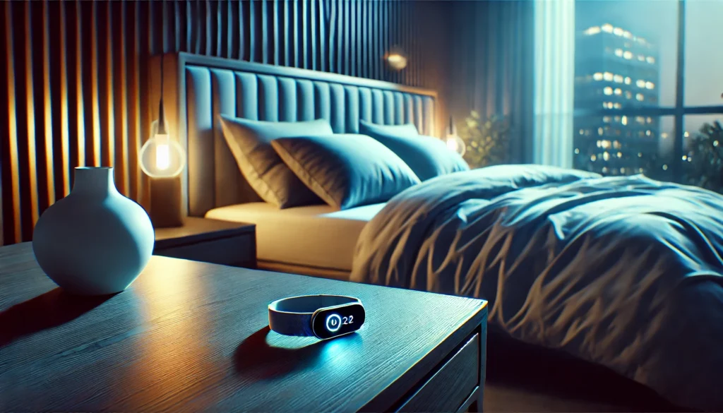 A serene bedroom scene highlighting advanced sleep technology, with a cozy bed and a glowing smart sleep tracker beside it. The environment features soft ambient lighting and a modern aesthetic, seamlessly integrating technology with a restful setting.