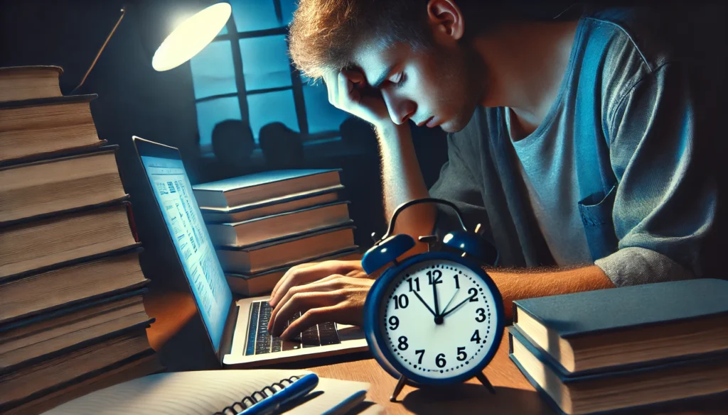 Why is sleep important for students? A sleep-deprived student battling exhaustion while studying late at night