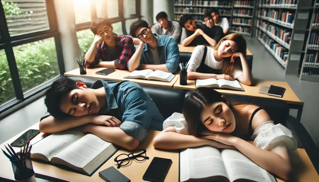 Why is sleep important for students? Tired students taking a nap in a library to recharge for better concentration