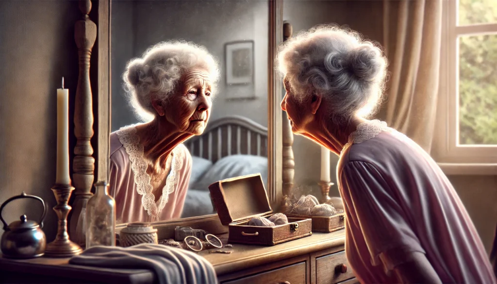 An elderly woman staring at her reflection in the mirror with a puzzled expression, struggling to recognize herself, illustrating the identity challenges of senile dementia.