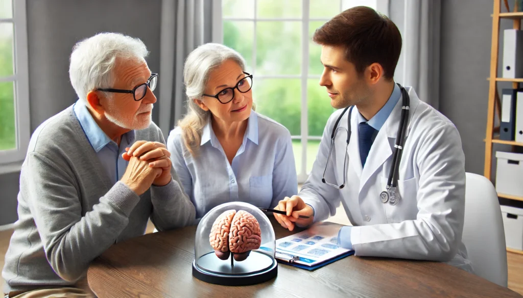 A doctor explaining reversible causes of dementia to an elderly patient and caregiver in a medical consultation. The professional setting highlights proactive healthcare and hope for cognitive recovery