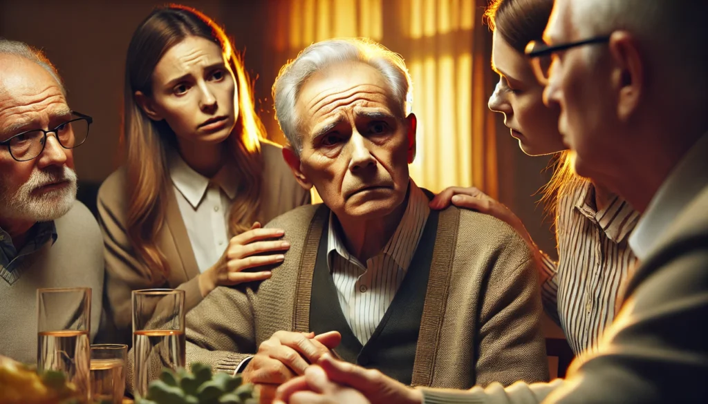 A family gathered around an elderly man at the dining table, who appears lost and confused, showcasing the emotional impact of senile dementia on loved ones.