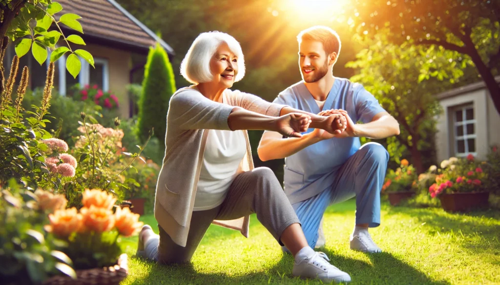 An elderly woman stretching with a supportive caregiver in a sunlit park, representing the role of physical activity in cognitive health and dementia prevention