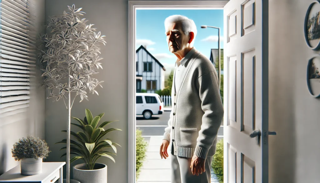 An elderly person standing at the entrance of their home, looking uncertain and disoriented, representing the spatial confusion caused by senile dementia.