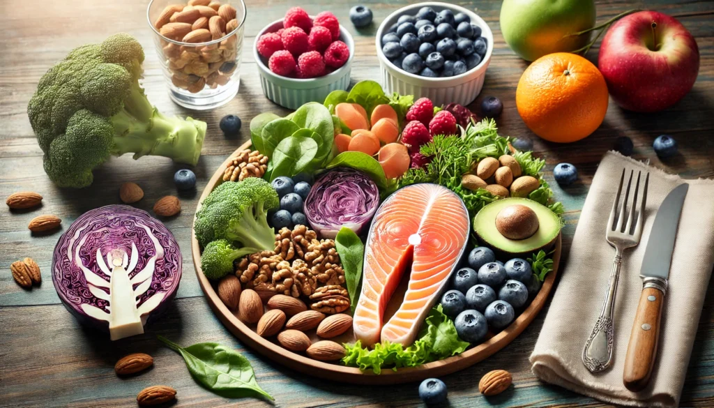 A close-up of a healthy meal rich in brain-boosting foods, including salmon, leafy greens, nuts, and berries, emphasizing the potential of nutrition in reversing dementia symptoms.