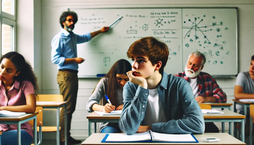 Teenager experiencing memory and focus difficulties in a classroom setting.