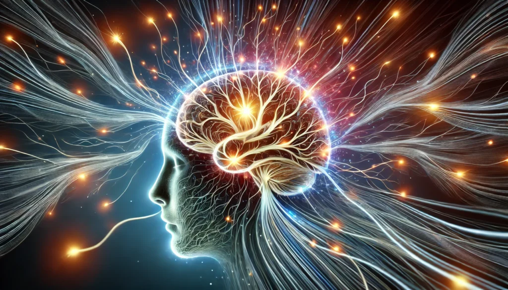 Artistic depiction of neuroplasticity, showcasing a brain transforming with glowing neural pathways dynamically adapting and connecting, symbolizing mental growth