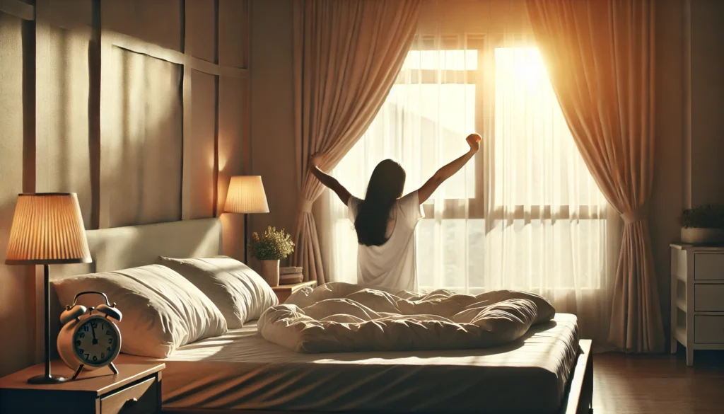 A peaceful bedroom in the early morning with soft sunlight filtering through curtains. A person wakes up feeling refreshed and well-rested, stretching in bed. The scene illustrates the benefits of recovering from sleep debt and maintaining a healthy sleep routine.