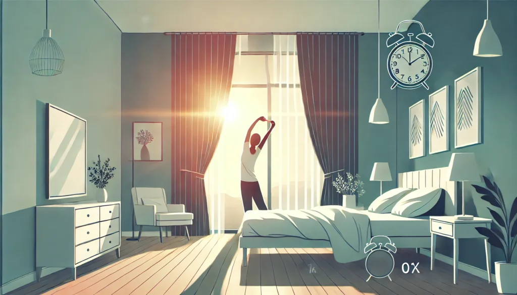 A peaceful bedroom in the early morning with soft sunlight streaming through the window. A person is stretching in bed, feeling refreshed after a full night's sleep. The scene represents the benefits of healthy sleep patterns and balanced appetite regulation.