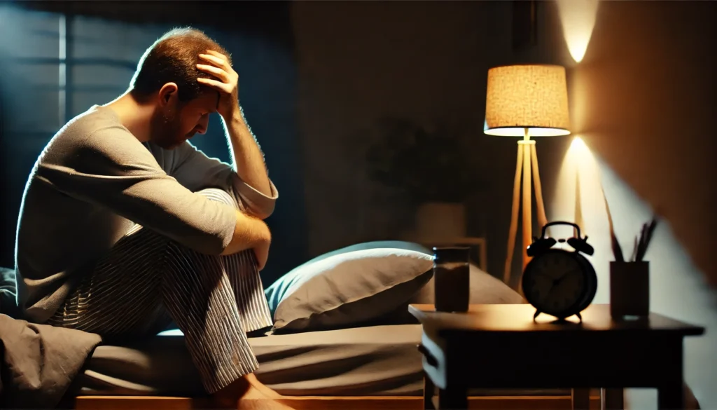 A person experiencing chronic insomnia, sitting on the edge of their bed with a tired and frustrated expression. The dim lighting and bedside lamp emphasize the emotional impact of prolonged sleep deprivation.