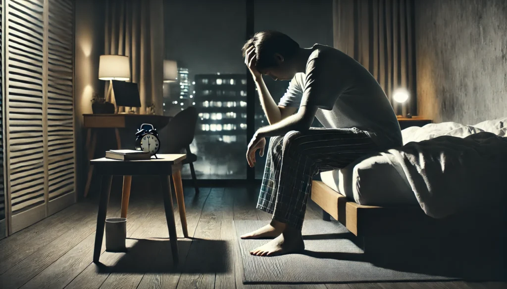 A person sitting on the edge of their bed in a dimly lit room, appearing exhausted and frustrated. The image captures the physical and mental toll of irregular sleep schedules.