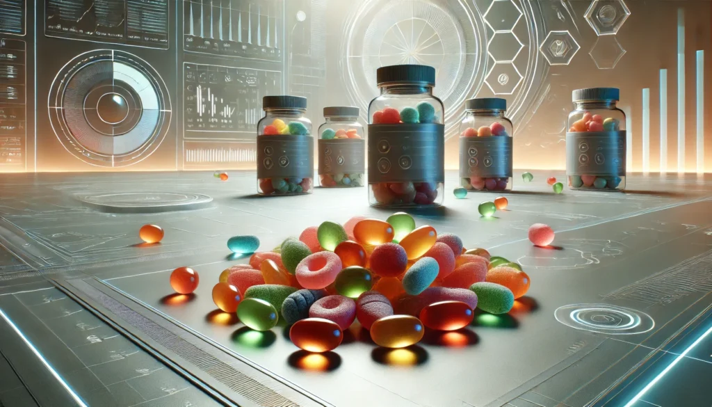 A futuristic and science-inspired close-up of colorful nootropic gummies arranged on a clean, neutral surface, without any bottles or packaging. Soft lighting enhances the gummies' vibrant colors and textures, while a blurred background maintains focus on them, creating a modern and health-oriented atmosphere. No text or labels are present.