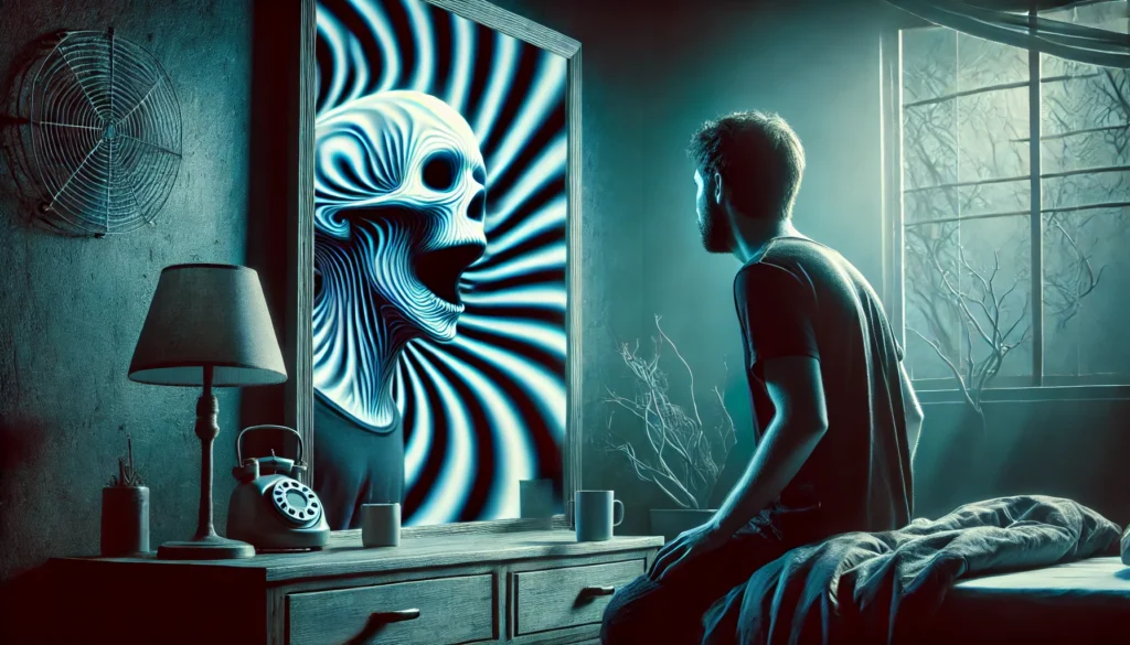 A surreal representation of sleep deprivation and psychosis, showing a person looking into a mirror with a distorted reflection. The dark and eerie atmosphere conveys the impact of extreme sleep loss on mental health.