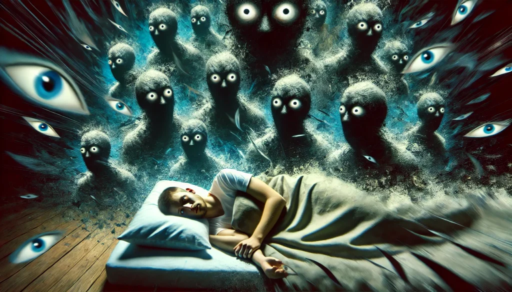 A surreal depiction of sleep disruption caused by paranoia, featuring a person lying in bed with wide-open eyes, surrounded by shadowy figures blending into the darkness. The eerie, dreamlike atmosphere represents insomnia, anxiety, and intrusive thoughts.