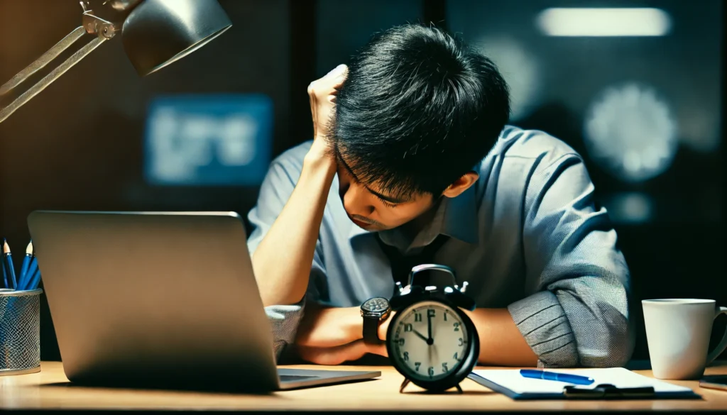 A tired person struggling to stay awake at a desk, head resting on their hand, showing visible signs of exhaustion. The background suggests a late-night work or study environment with dim lighting and a clock displaying late hours, illustrating the effects of sleep debt.