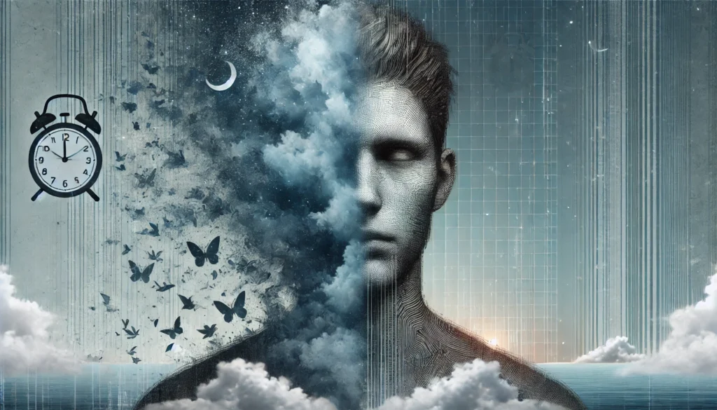 A conceptual illustration of sleep deprivation, depicting an exhausted person with a fragmented, hazy aura symbolizing cognitive fog and fatigue. The surreal background blends night and day, representing disrupted sleep cycles, with muted blues and greys evoking a sense of weariness.