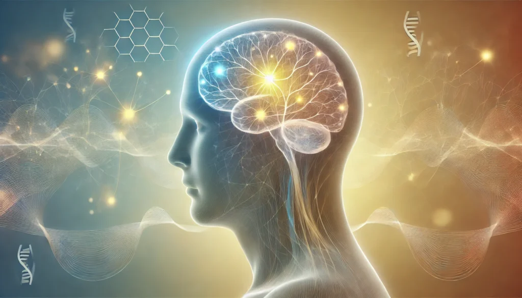 A serene medical concept illustration showcasing the connection between depression and dementia. A semi-transparent human head with illuminated neural pathways in blue and yellow tones symbolizes cognitive function and emotional health.